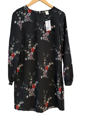 H&M Long Sleeve Floral Shift Dress Black NEW Size 4